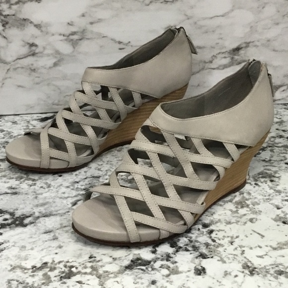 Eileen Fisher Cage Strap Lattice Leather Gray Wood Wedge Sandal - Picture 6 of 12